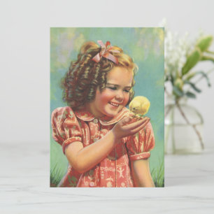 Retro-Mädchen mit Baby-Küken, glückliches Kind läc
