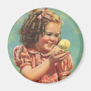 Retro-Mädchen mit Baby-Küken, glückliches Kind läc Magnet