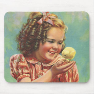 Retro-Mädchen mit Baby-Küken, glückliches Kind läc Mousepad