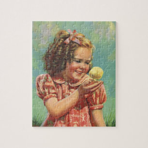 Retro-Mädchen mit Baby-Küken, glückliches Kind läc Puzzle