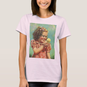 Retro-Mädchen mit Baby-Küken, glückliches Kind läc T-Shirt