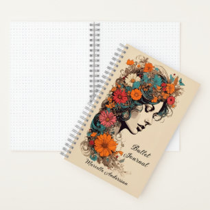 Retro-Mädchen mit Blumen im Haar Bullet Journal Notizbuch