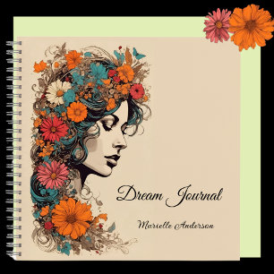 Retro-Mädchen mit Blumen im Haar, Traum-Tagebuch Notizbuch