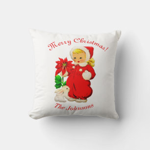 Retro-Mädchen mit Hasen-Weihnachts-Kissen im Vinta Kissen