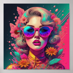 Retro-Mädchen mit Sonnenbrille und Blume Poster