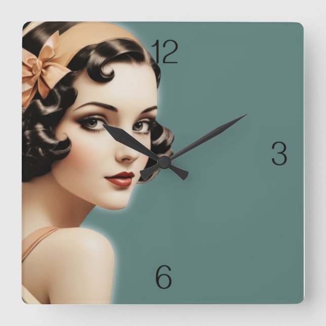 Retro-Mädchen Quadratische Wanduhr (Vorderseite)