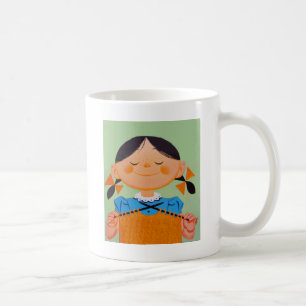 Retro-Mädchen strickt Kaffeetasse