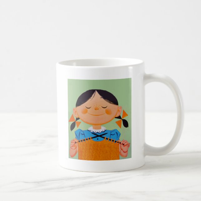 Retro-Mädchen strickt Kaffeetasse (Rechts)