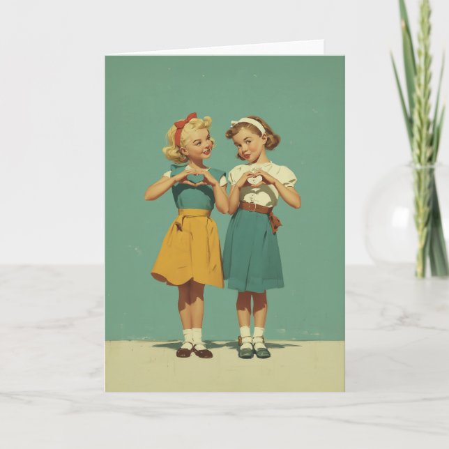 Retro-Mädchen teilen herzliche Freude Karte (Vorderseite)