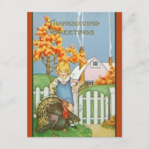 Retro-Mädchen Truthahn und rosa Haus Thanksgiving Postkarte