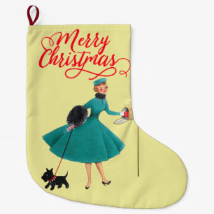 Retro-Mädchen und Hund aus den 1950er Jahren zu We Großer Weihnachtsstrumpf