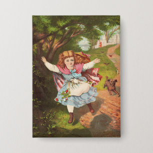 Retro-Mädchen und Hund Lithografie-Illustration Button