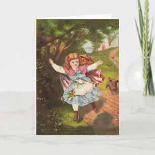 Retro-Mädchen und Hund Lithografie-Illustration Feiertagskarte
