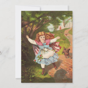 Retro-Mädchen und Hund Lithografie-Illustration Feiertagskarte