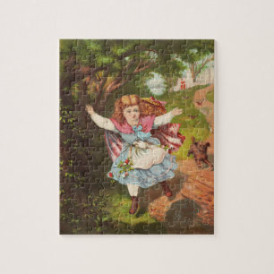 Retro-Mädchen und Hund Lithografie-Illustration Puzzle
