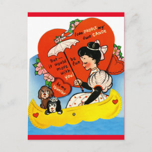 Retro-Mädchen und Hunde im Kanu Valentinskarte Postkarte