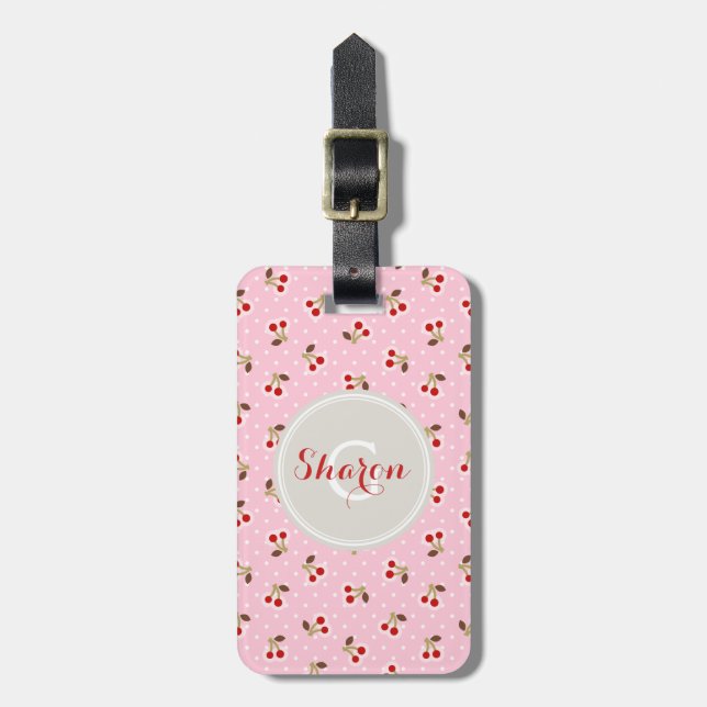 Retro-mädchenhaftes rosa Kirschmuster-Monogramm Gepäckanhänger (Vorderseite vertikal)