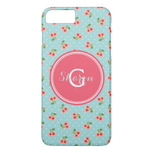 Retro-mädchenhaftes Türkis-Kirschmuster-Monogramm Case-Mate iPhone Hülle
