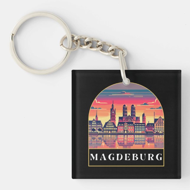 Retro Magdeburg Skyline Schlüsselanhänger (Vorderseite)