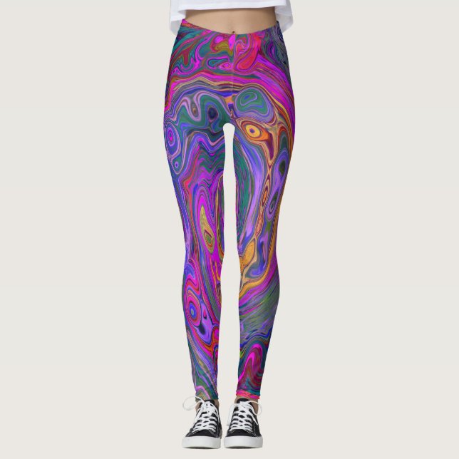 Retro Magenta, Grün und Orange Abstrakter Swirl Leggings (Vorderseite)