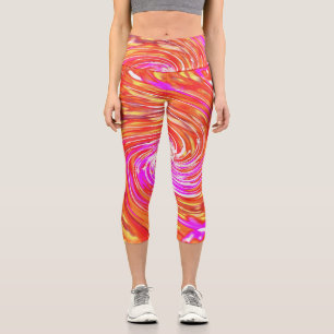 Retro Magenta und Herbstfarben Blumenwirbel Capri Leggings