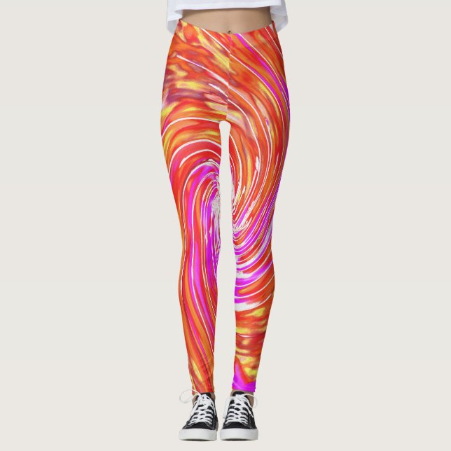 Retro Magenta und Herbstfarben Blumenwirbel Leggings (Vorderseite)