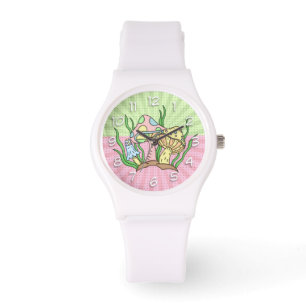 Retro Magic Mushrooms Rosa und Gelb Armbanduhr
