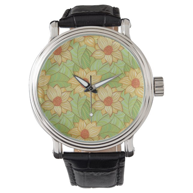 Retro Magnolia Muster Armbanduhr (Vorderseite)