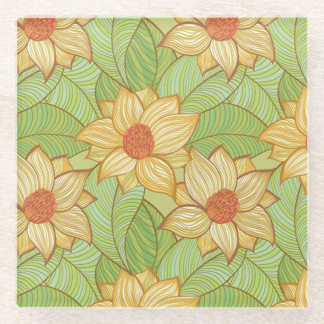 Retro Magnolien-Muster Glasuntersetzer (Vorderseite)