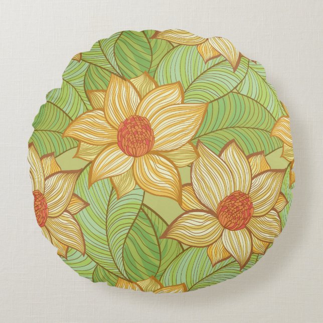 Retro Magnolien-Muster Rundes Kissen (Vorderseite)