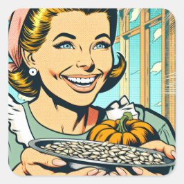 Retro-Mama mit Tray of Pumpkin Seeds Halloween Quadratischer Aufkleber