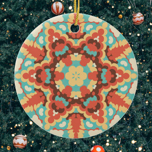 Retro Mandala Blau Rot und Gelb Keramik Ornament