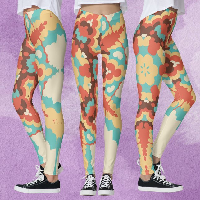 Retro Mandala Blau Rot und Gelb Leggings (Von Creator hochgeladen)