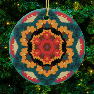 Retro Mandala Blue Orange und Red Keramik Ornament