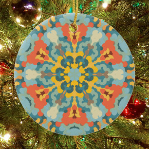 Retro Mandala Blue Orange und Yellow Keramik Ornament