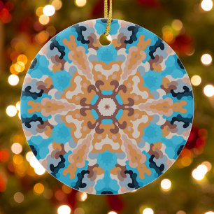 Retro Mandala Blue und Orange Keramik Ornament