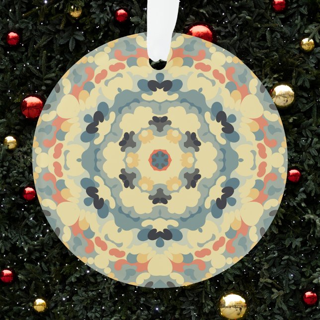 Retro Mandala Blue Yellow und Red Ornament (Blue Red and Tan Retro Mandala Ornament by Wormhole Orbital)