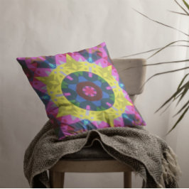 Retro Mandala Blume Blau Gelb und Rosa Kissen