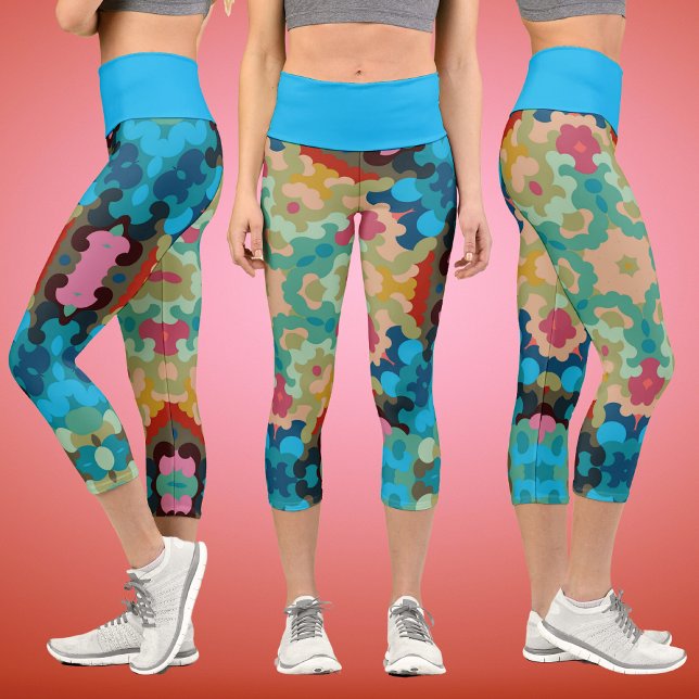 Retro Mandala Blume Blau Grün und Rosa Capri Leggings (Von Creator hochgeladen)