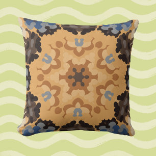 Retro Mandala-Blume Blau Orange und Braun Kissen