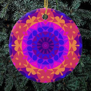 Retro-Mandala-Blume Blau Pink und Orange Keramik Ornament