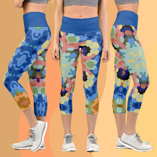 Retro Mandala Blume Blau Rosa und Gelb Capri Leggings