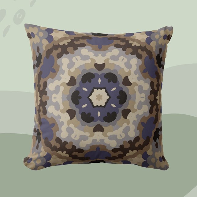 Retro Mandala Blume Blue Tan and Brown Kissen (Von Creator hochgeladen)
