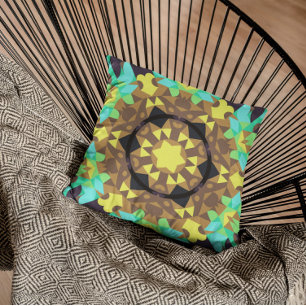 Retro Mandala Blume Gelb blau und grün Kissen