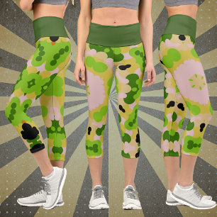 Retro Mandala Blume Gelb Grün und Weiß Capri Leggings