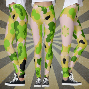 Retro Mandala Blume Gelb Grün und Weiß Leggings