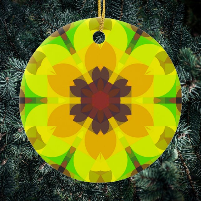 Retro Mandala Blume Gelb Orange und Grün Keramik Ornament (Von Creator hochgeladen)