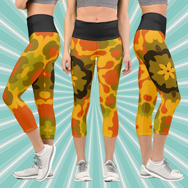 Retro Mandala Blume Gelb und Orange Capri Leggings (Von Creator hochgeladen)