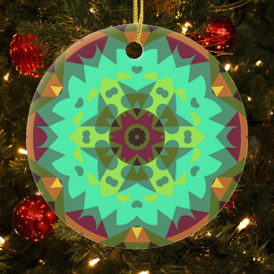 Retro Mandala Blume Green Lila und Orange Keramik Ornament