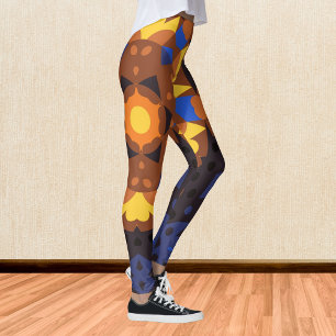 Retro Mandala Blume Orange Gelb und Blau Leggings